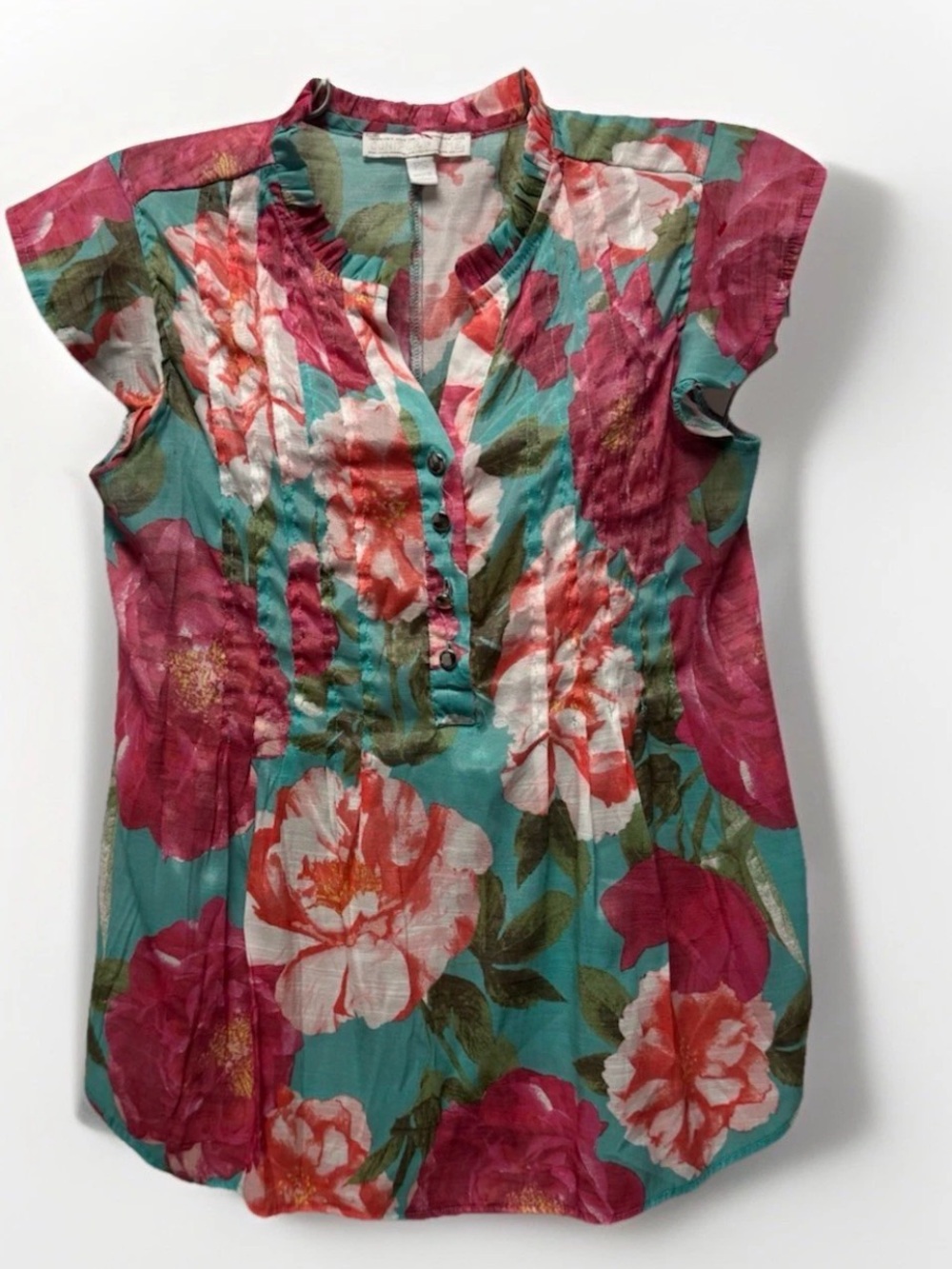 Juniper + Lime Floral Blouse Teal Pink White V-Neck Pleated Size PS Petite Small